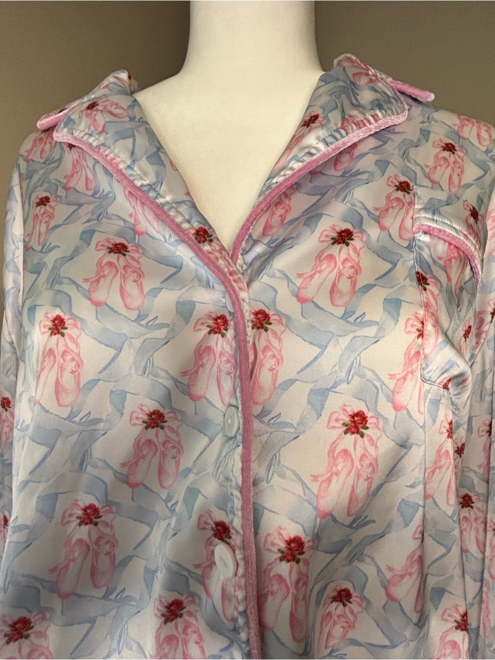 Pink & Light Blue Ballerina Print Satin Pajama Set - Picture 2 of 8